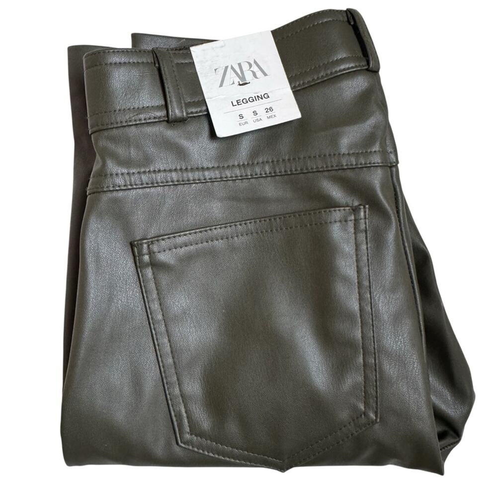 ZARA Faux Leather Vegan Dark Khaki Leggings / Skinny Pants - Size Small
